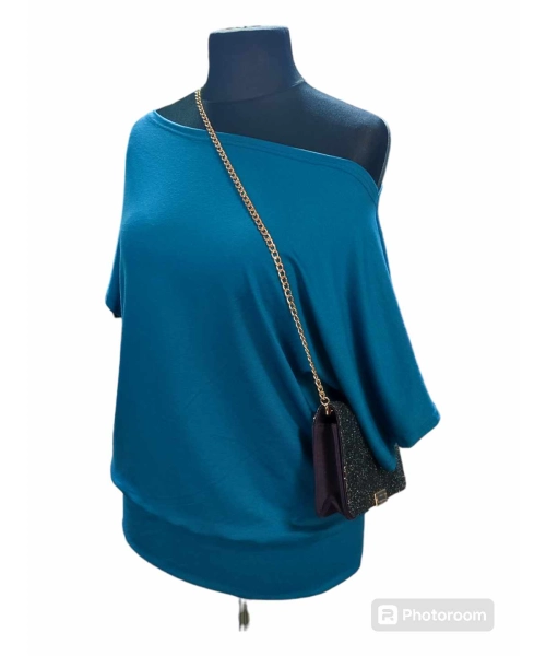 Bluzka kimonowa z dekoltem w łódkę - kolor ciemny turkus